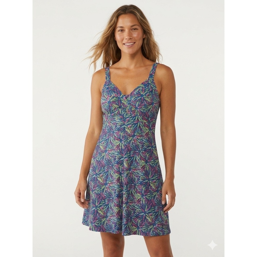 Patagonia Women's Minette Dress Blue Pink Geometric Leaf Print - Large